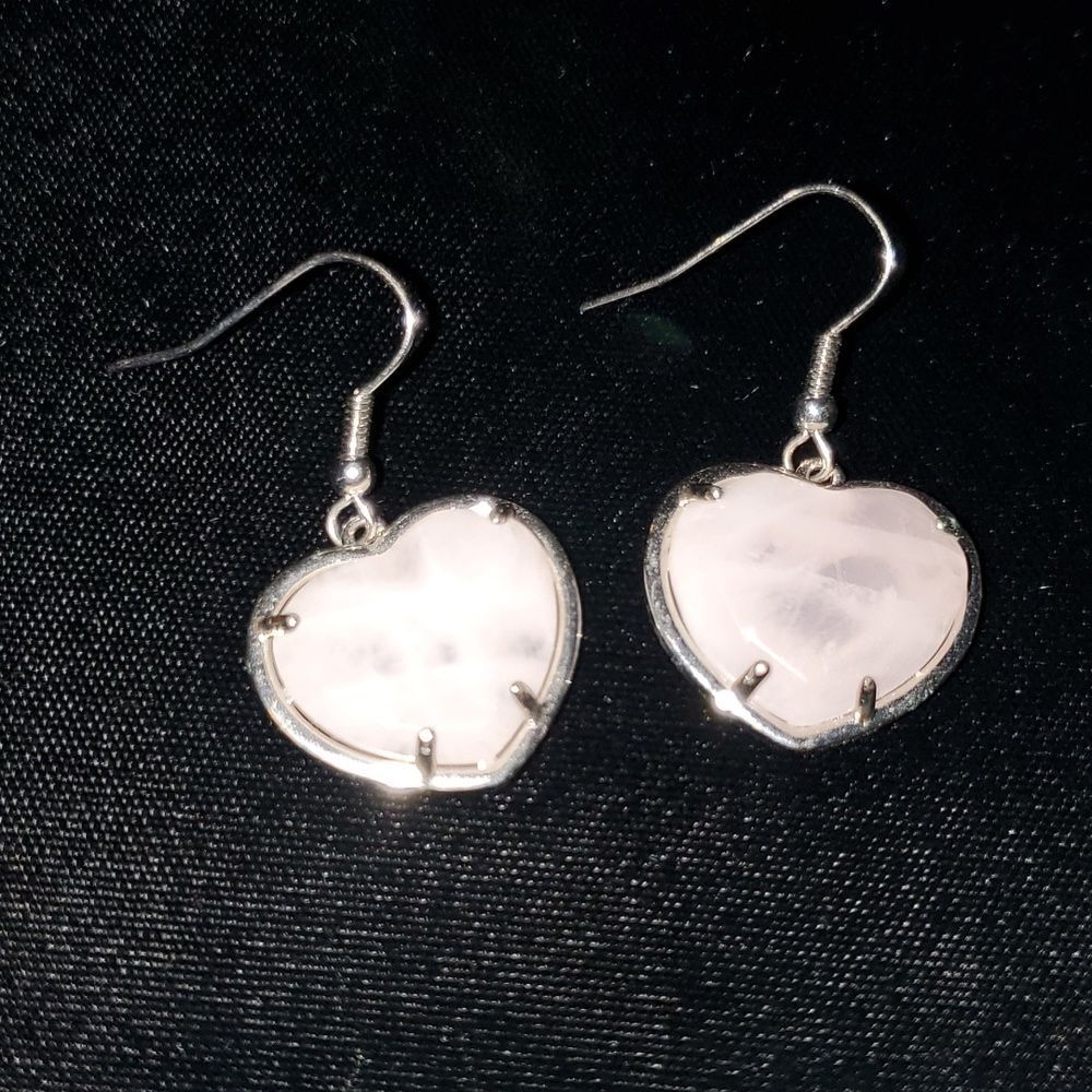 Genuine Rose Quartz Silver Prong Set Heart Drop Hook Ear Wire Pierced Earrings